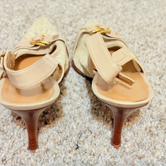 Cream Kitten Heels with Pointed Toe and Gold Buckle - Picture 4 of 8